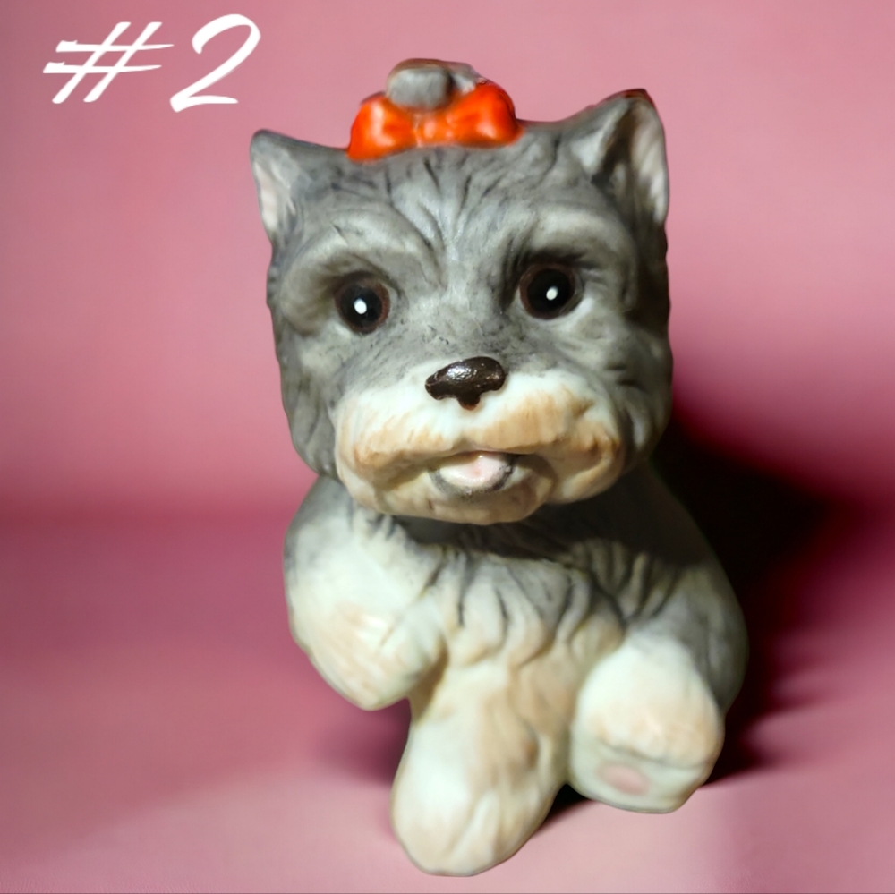 Homco Porcelain Yorkshire Yorkie Puppy Dog Figurine Gray Red Bow #1475